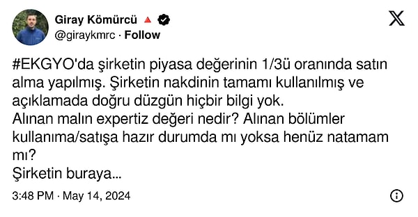 EKGYO, dün günü yüzde 9'a yakın düşüşle tamamlarken,