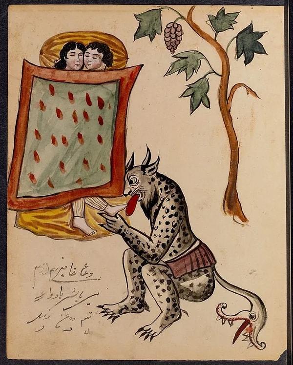 13. İran'ın orta kesimindeki İsfahan'da bulunan 20. yüzyıl başlarına ait bir iblis kitabından bir resim. Resimde geceleri yataktan dışarı ayakları sarkanların ayak parmaklarını yalayan bir iblis görülüyor.