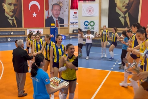 Sarı-lacivertli voleybolcular, madalyalarını aldı ve  başarılarını salonda halay çekerek kutladı.