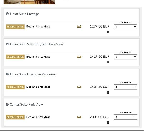5 yıldızlı Parco dei Principi Grand Hotel’in kendi internet sitesindeki verilere göre otelin gecelik fiyatı iki kişilik odalar için 1277.5 Euro’dan (yaklaşık 44 bin 670 TL) başlıyor ve 2800 Euro’ya kadar (yaklaşık 97 bin 956 TL) çıkıyor.
