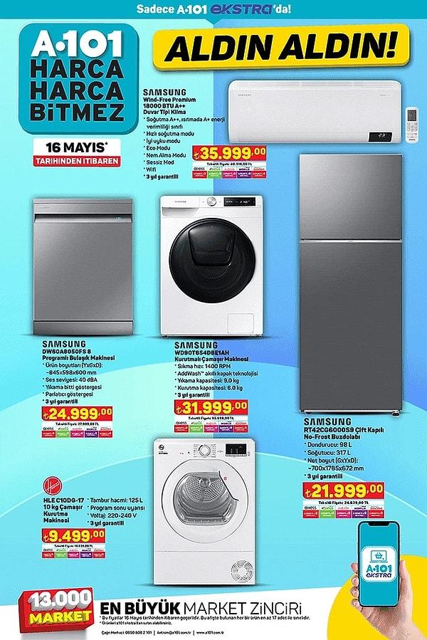 16 Mayıs 2024 A101 internete özel aktüel kataloğunda yer alan Samsung kurutmalı çamaşır makinesi, haftanın dikkat çeken ürünlerinden biri oldu.