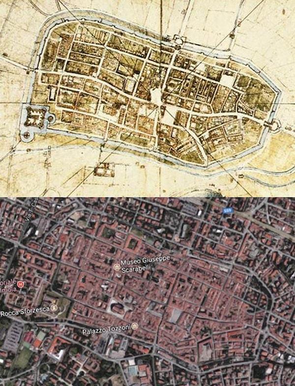 Leonardo ayrıca şehirdeki her binanın açılarını ve mesafelerini titizlikle elle ölçerek bunun gibi "zamanının en doğrusu" olarak kabul edilen son derece hassas haritalar üretmiştir.