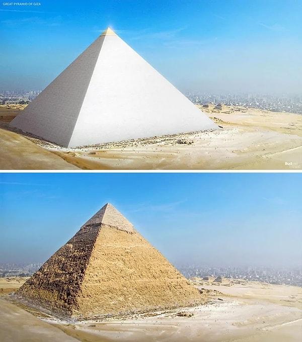 9. Khafre piramidinin 4.500 yıl önceki haliyle bugünkü hali karşılaştırılması. Giza piramitleri başlangıçta son derece cilalı beyaz kireçtaşlarıyla kaplıydı ve zirvedeki kapak taşları altınla kaplıydı.