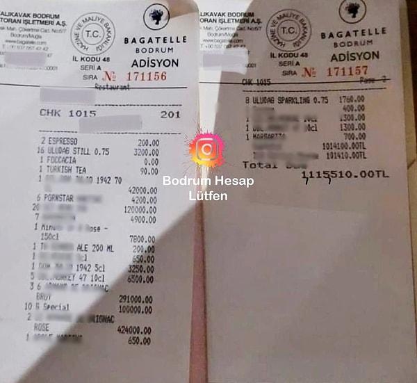 'Bodrum_Hesap_Lütfen' isimli Instagram hesabından paylaşılan gönderide bir müşterinin restorana 1 Milyon 115 bin 510 TL hesap ödediği görüldü.