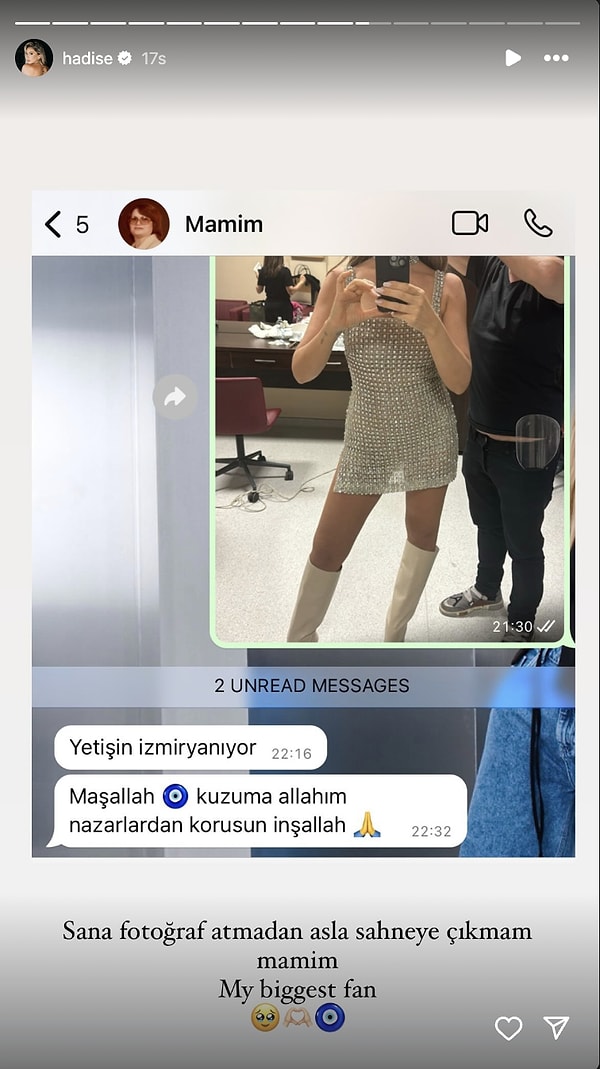 Hadise sahne öncesiyle annesiyle konuştuklarını gösterip maşallahını ikiye katladı.