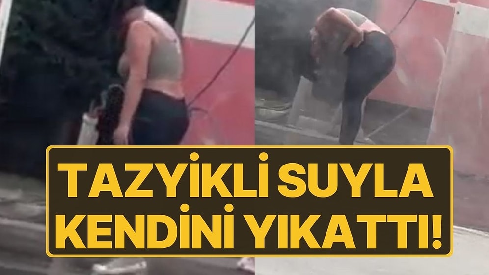 Akaryakıt İstasyonunda Garip Anlar! Bir Kadın Tazyikli Suyla Kendini Yıkattı