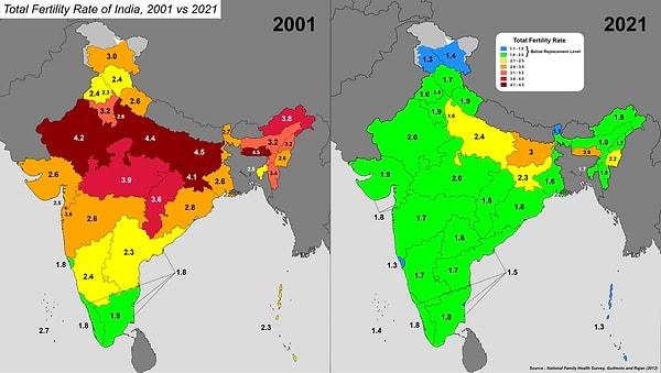 3. 2001 ve 2021 yılları arası Hindistan'daki doğum oranları arası fark.