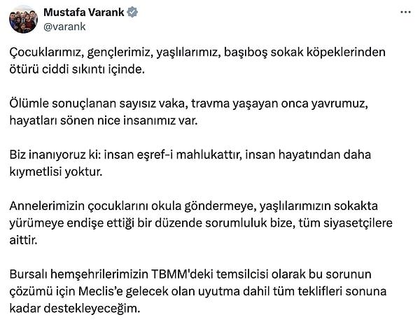 İşte, Milletvekili Mustafa Varank'ın 'insan eşref-i mahlukattır' diyerek 'uyutmaya' destek vereceğini açıkladığı Twitter paylaşımı👇