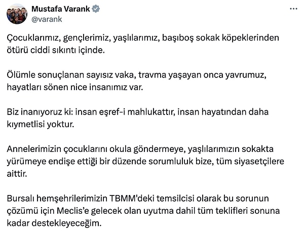 İşte, Milletvekili Mustafa Varank'ın 'insan eşref-i mahlukattır' diyerek 'uyutmaya' destek vereceğini açıkladığı Twitter paylaşımı👇