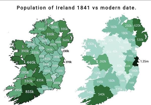 Ireland's population distribution in 1845 and today.