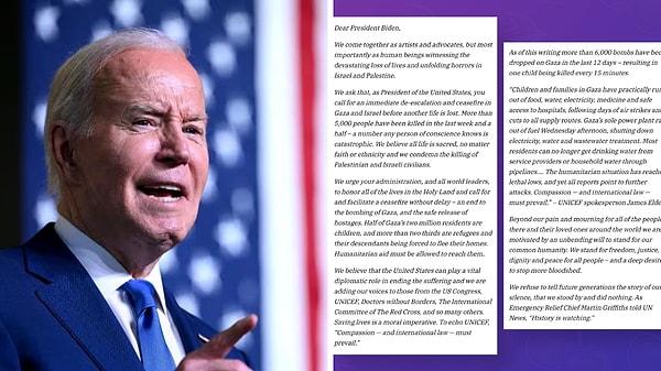 Eğlence sektöründe adı geçen isimler Başkan Joe Biden'a “Gazze ve İsrail'de ateşkes çağrısında bulunan” açık bir mektuba imza attı: