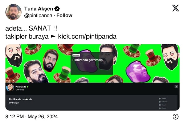 Kick'te yayınlara başlayacağını duyuran son isim ise Tuna "PintiPanda" Akşen oldu.