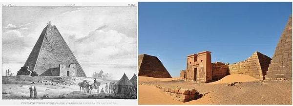 13. Kuşit kraliçesi Amanishakheto'nun piramidinin Giuseppe Ferlini 1830'da hazine aramak için yıkmadan öncesi ve sonrası. (M.Ö 10)