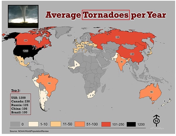 14. Ortalama yıllık tornado sayısı.