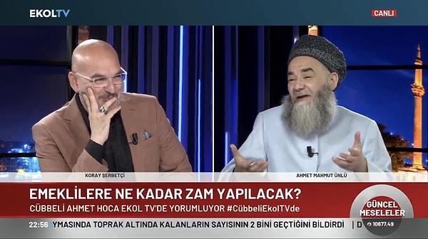 Kamuoyunda 'Cübbeli Ahmet' olarak tanınan Ahmet Mahmut Ünlü, Ekol TV'de katıldığı canlı yayında sunucu Koray Şerbetçi'nin 'Sizce asgari ücret ne kadar olmalı?' sorusunu yanıtladı.