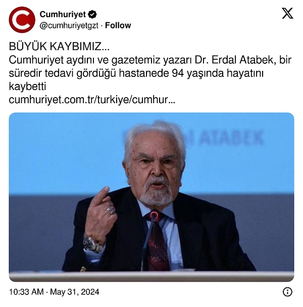 Cumhuriyet Gazetesi, Atabek’in vefat haberini “Acı Kaybımız” olarak duyurdu.