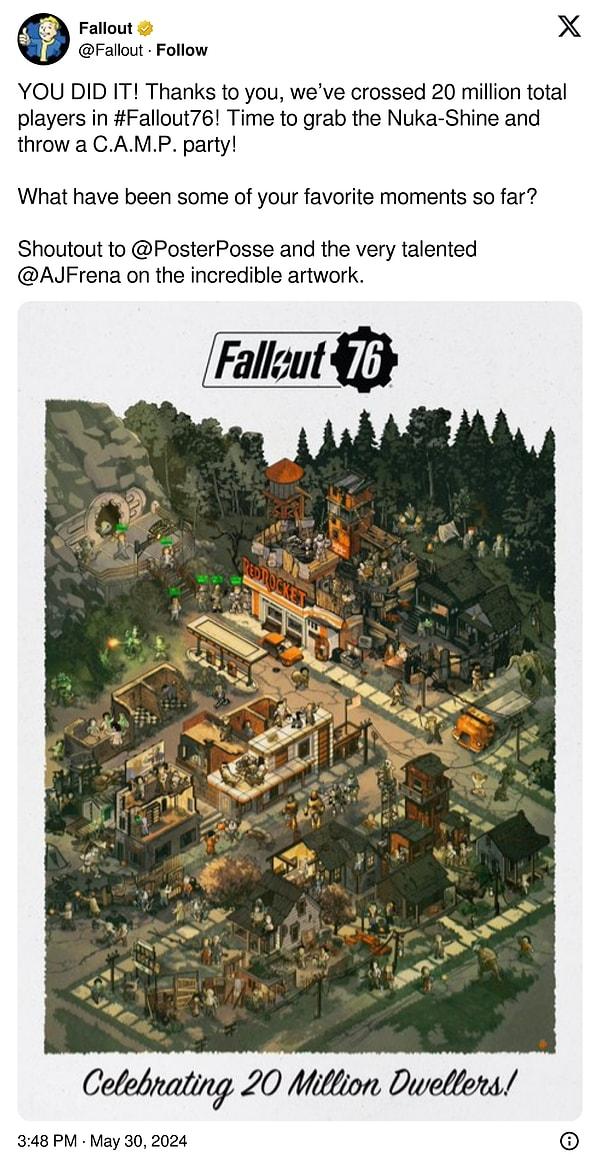 2018'de çıkan Fallout 76 da çıkışının üzerinden geçen 6 yılın ardından 20 milyon oyuncuyu aşmayı başardı.