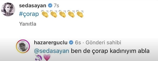 "Ben çorap kadınıyım" sözleriyle aklımıza yerleşen Seda Sayan ise yaptığı yorumla Ergüçlü'nün imdadına yetişti! Hazar Ergüçlü'nün "ben de çorap kadınıyım abla" yorumu ise görenleri güldürdü...