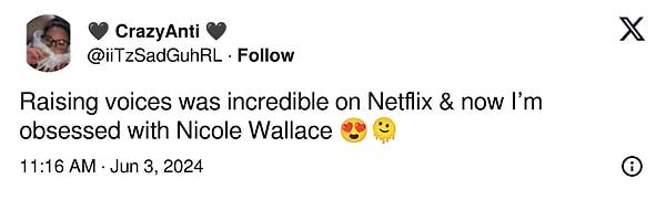 "Netflix'teki 'Raising Voice' inanılmazdı ve şimdi Nicole Wallace'ın hastası oldum"