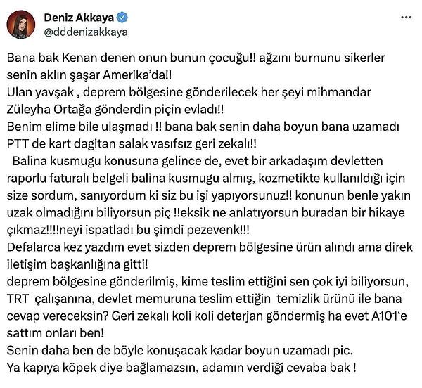 Hatta hızını alamayan Akkaya, Eylül Öztürk'ün eşi Kenan Öztürk'e de paragraflar boyu ders vermiş, çiftin evlerinde swinger partileri düzenlediğini bile iddia etmişti