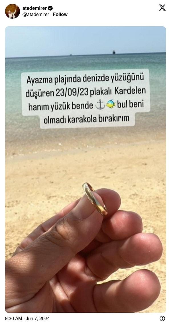 Tatilin keyfini çıkartan Demirer, geçtiğimiz gün Ayazma plajında alyans bulmuş, yüzüğün içerisinde ismi yazılı olan Kardelen hanıma ulaşabilmek için yaptığı paylaşımla sosyal medyanın sallamıştı.