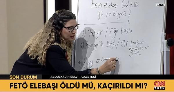 CNN Türk ekranlarında sunucu Fulya Öztürk'le birlikte Gülen'in başına gelen senaryoları bir tahtaya yazarak ele alan gazeteci Abdulkadir Selvi ise yeni bir değerlendirmede bulundu.