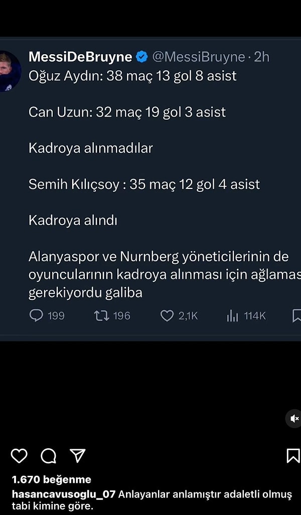 Akdeniz ekibinin başkanı, bir taraftarın yorumunu paylaşarak ""Anlayanlar anlamıştır, adaletli olmuş...Tabii kimine göre." dedi.