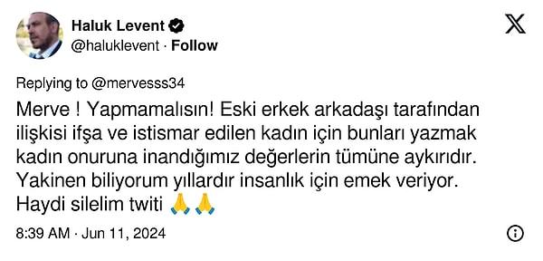 "Yakinen biliyorum yıllardır insanlık için emek veriyor. Haydi silelim twiti 🙏🙏" çağrısında bulunan Haluk Levent'in çağrısına uyan sosyal medya kullanıcısı atığı tweeti kaldırdı.