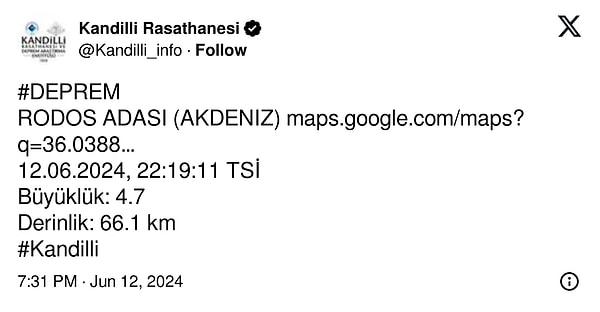 Kandilli Rasathanesi ise depremin merkez üssünü Rodos Adası olarak duyurdu 👇