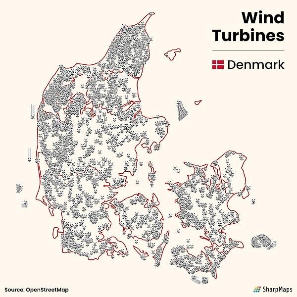 11. Danimarka'nın enerjisinin yüzde 50'sini rüzgar tirbünlerinden aldığını biliyor muydunuz? İşte ülkedeki rüzgar tirbünü sayısı ve yerleri.