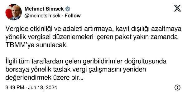 Bakan Mehmet Şimşek’in paylaşımı 👇
