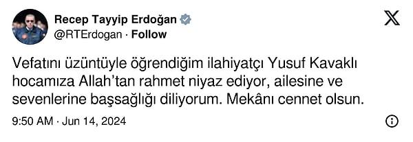 Ünlü ilahiyatçı Yusuf Kavaklı'nın vefat haberini Cumhurbaşkanı Recep Tayyip Erdoğan, sosyal medya platformu X üzerinden duyurdu.