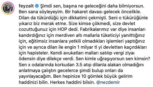 Son dönemdeki davalarla birçok fenomenin korkulu rüyası olan Feyza Altun'dan kendisine hakaret eden Nez Demir'e de cevap gecikmedi.