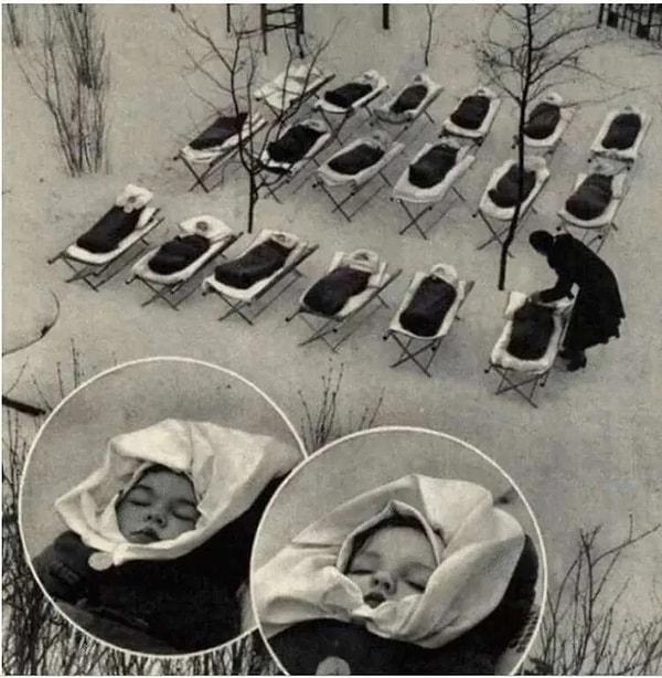 13. Bağışıklık sistemini güçlendirmek için dışarıda uyumaya bırakılan bebekler. (Moskova, 1958)