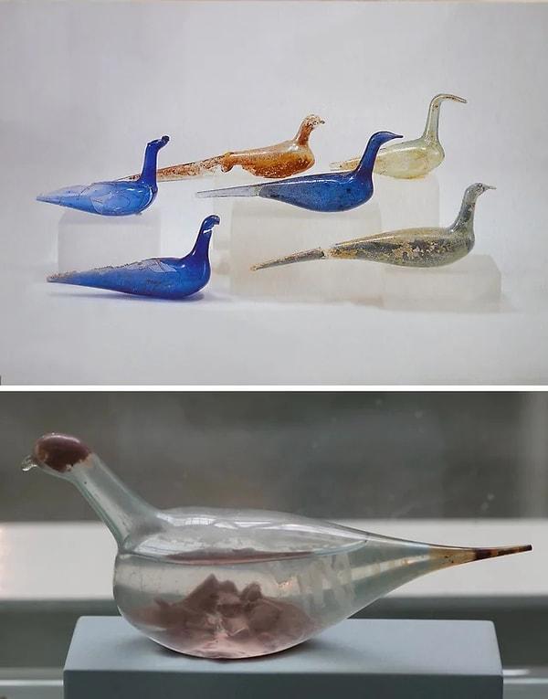 11. Roma dönemine ait kuş şeklindeki cam kaplar parfüm şişesi olarak kullanılırdı.