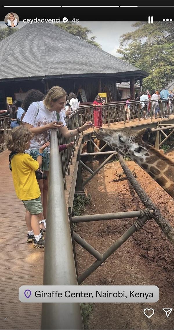 Kenya'ya giden Ceyda Düvenci, oğluyla zürafa besledi.