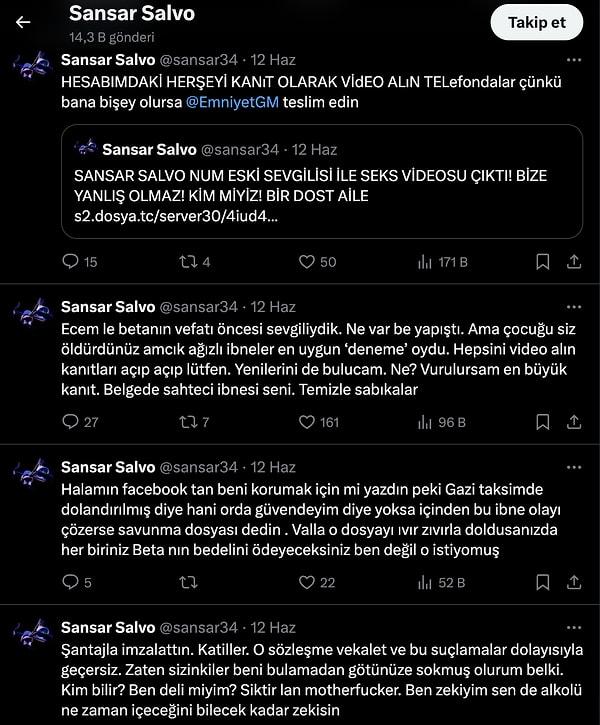 Sansar Salvo adıyla tanınan Türkçe Rap şarkısıcı Ekincan Arslan'ın Twitter üzerinden yaptığı son paylaşımlar da bu şekilde: