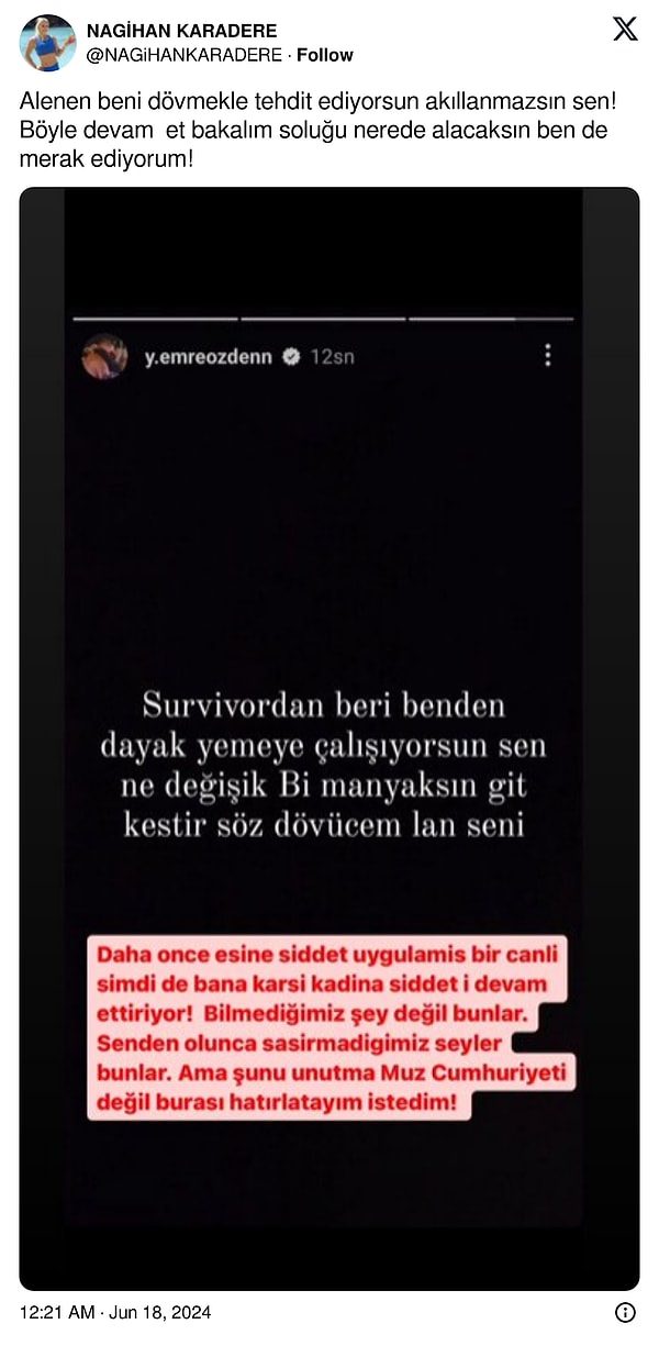 Nagihan, yaptığı son paylaşım ile Yunus Emre'nin kendisini tehdit ettiğini söyledi. Yunus Emre'nin "söz dövücem lan seni" notunu düştüğü hikayesi ise paylaşıldıktan kısa bir süre sonra silinse de çoktan sosyal medyaya düşmüştü bile. Bakalım bu ikili arasında daha neler yaşanacak!