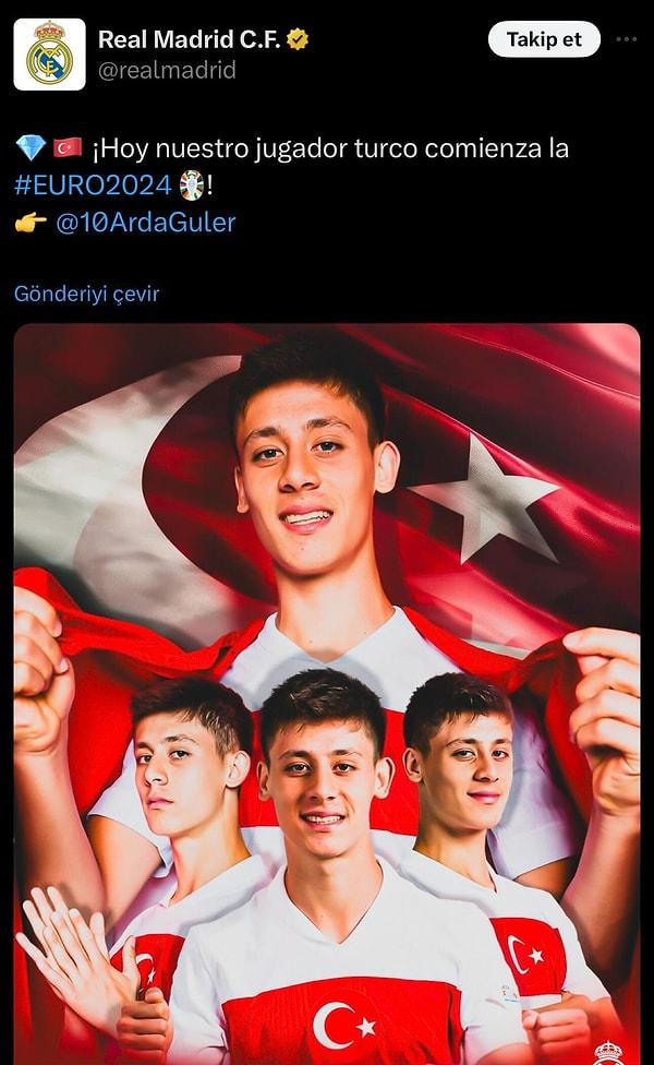 Arda Güler'e bir destek de kulübü Real Madrid'den geldi. Paylaşımda, "Türk milli oyuncumuz, bugün EURO 2024 serüvenine başlıyor" ifadeleri kullanıldı.