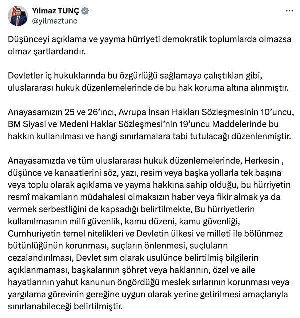 Adalet Bakanı Yılmaz Tunç, bugün sosyal medya hesabından yaptığı paylaşımda eleştirilerin haksız olduğunu şu cümlelerle açıkladı.