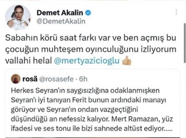 Geçtiğimiz yıl Mert Ramazan Demir'i övecekken Mert'leri karıştırıp Yazıcıoğlu'nu etiketleyen Demo, bu tweetini anında silmişti.