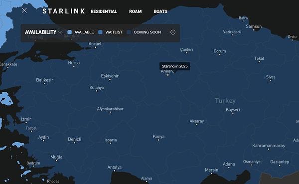 Ancak bugün resmi hizmet haritasını güncelleyen Starlink, Türkiye'ye geliş tarihini tekrardan erteledi.