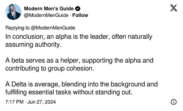 Sonuç olarak, alfa otoriteyi üstlenen liderdir! Beta, alfayı destekler, delta ortalamadır ve arka plana uyum sağlar!