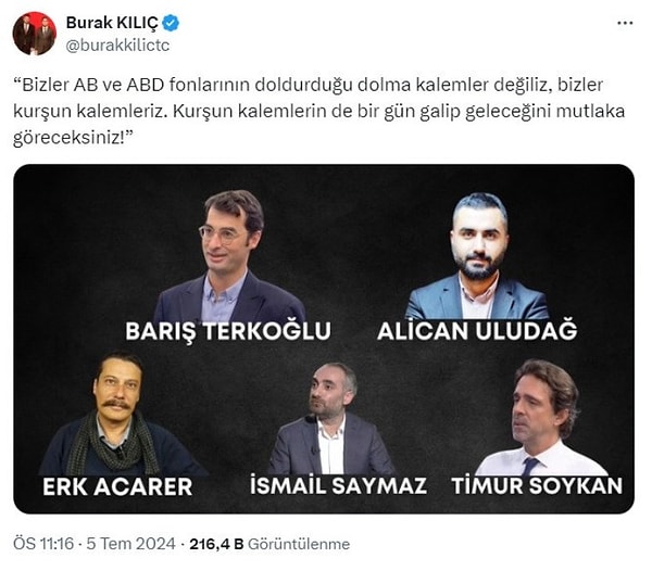 Kılıç paylaşımında “Bizler AB ve ABD fonlarının doldurduğu dolma kalemler değiliz, bizler kurşun kalemleriz. Kurşun kalemlerin de bir gün galip geleceğini mutlaka göreceksiniz!” ifadelerini kullandı.