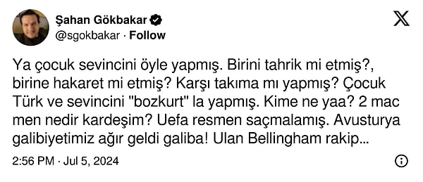 "İkiyüzlü UEFA" diyerek gündeme gelen Gökbakar şimdi de maç coşkusuyla yanıp tutuştuğu tweetle dikkat çekti.