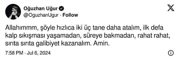 Kendisi geçtiğimiz dakikalarda Allah'a seslenip dua etmeye karar verdi! Millilerin hızlıca iki üç gol daha atmasını temenni eden Oğuzhan Uğur, maç stresine dayanamadı.