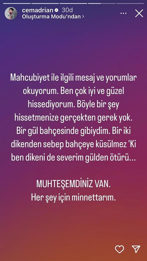 Konser biter bitmez de Cem Adrian'dan duyup görebileceğiniz en mütevazı ve asil açıklama geldi. Adrian, "bir iki dikenden sebep bahçeye küsülmez ki ben dikeni severim gülden ötürü" dedi ve kalpleri yeniden fethetti.