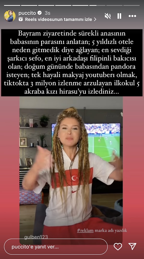 Ergen'in nanik videosunu hikayesinde paylaşan Pucca, ünlü şarkıcıya demediğini bırakmadı. Bir fiil klişe sıralayan Pucca, Gülben Ergen'e "ilkokul 5 akraba kızı Hirasu'yu izlediniz" yakıştırmasında bulundu.