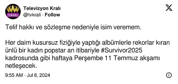 Kullanıcı isim veremeyeceğini söylese de o ismi fiziksel özellikleri  ve başarısı ile tarif etti: "Her daim kusursuz fiziğiyle yaptığı albümlerle rekorlar kıran ünlü bir kadın."