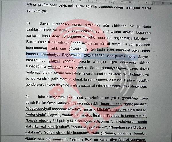 Rasim Ozan Kütahyalı'nın Nagehan Alçı'ya atmış olduğu ve dava dilekçesine konulan küfürlü mesajlar ise geçtiğimiz gün ortaya çıkmıştı. Mesajlarda "düşük seviyeli başarısız zavallı", "şımarık, küstah", "sahte ve sinsi insan", "yeteneksiz", "aptal", "cahil" hizmetçi, İbrahim Tatlıses' in kadını mısın", "köpek oldun", "köpek gibi hizmetçilik ediyorsun", "tiksiniyorum senin alaturka rezil kimliğinden", "öldün sen öldüüünnnn", "seninle ROK'un karısı diye fantezi yapıyolar, buradan iş çıkar mı diye düşünüyorlar" gibi ifadeler yer alıyor.